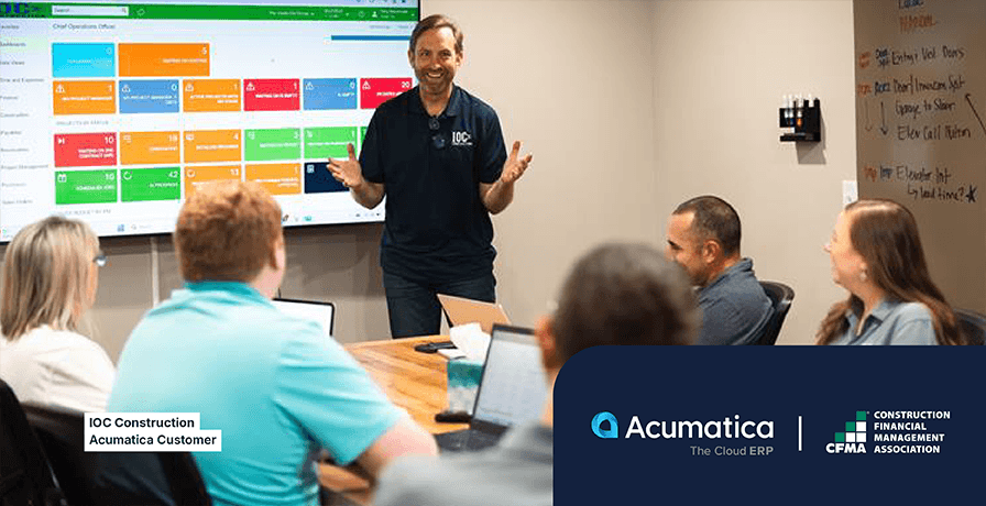 Image of Customer, IOC Construction with Acumatica and CFMA logos